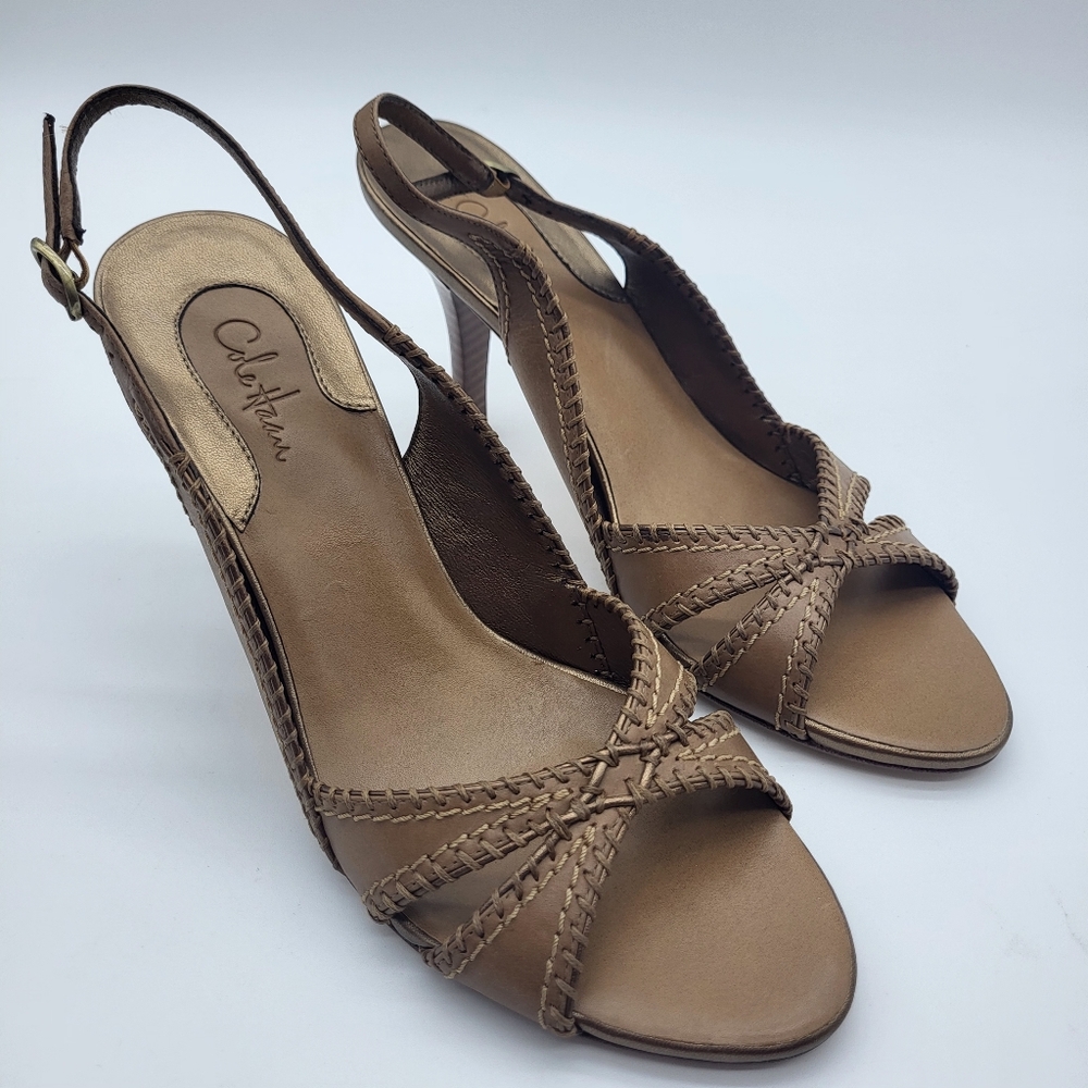 Cole Haan Women's Tan Leather With Woven Trim Slingback Heels Sz 8